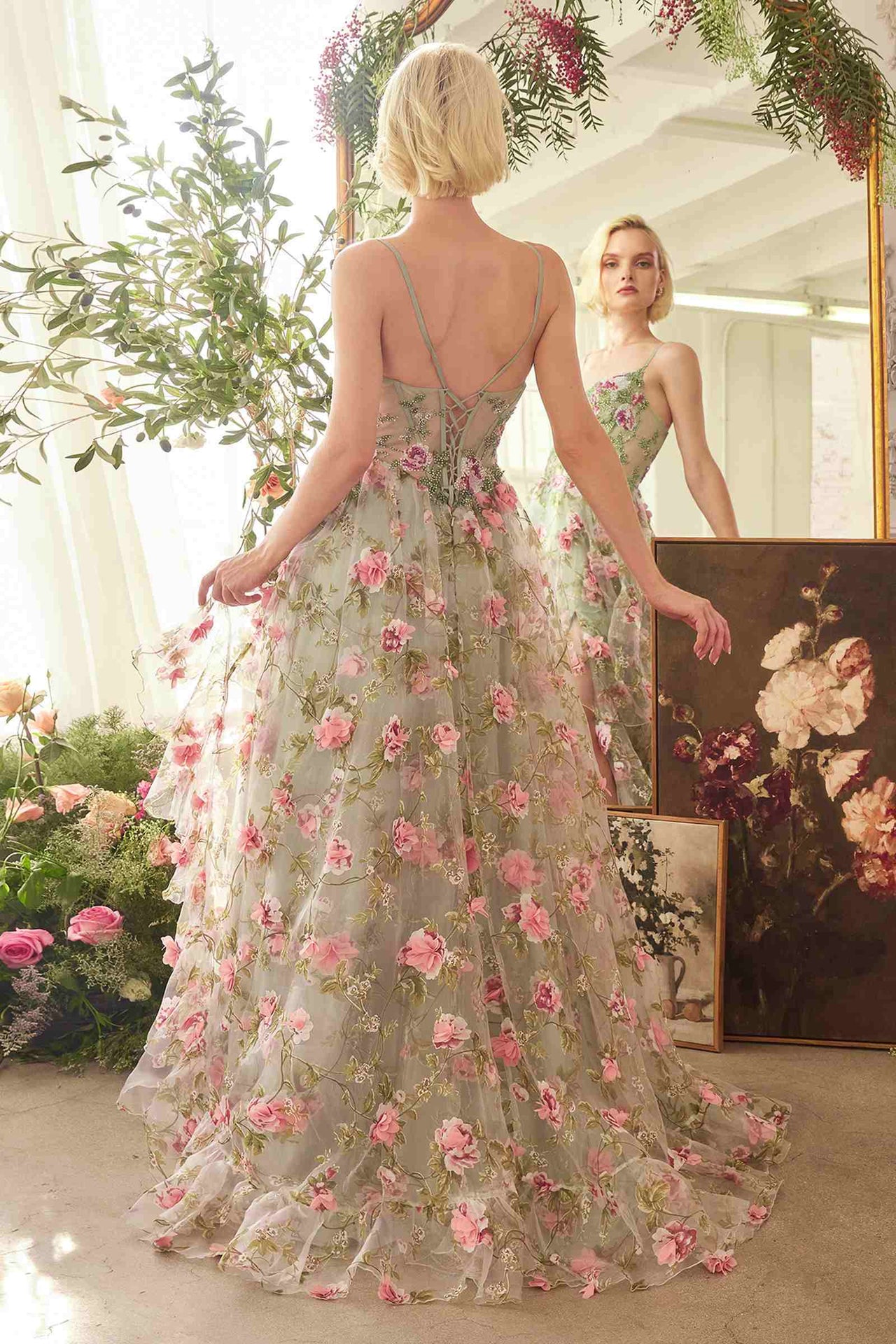 Andrea & Leo A1420 Dress Sage Floral Print Layered A-Line Gown