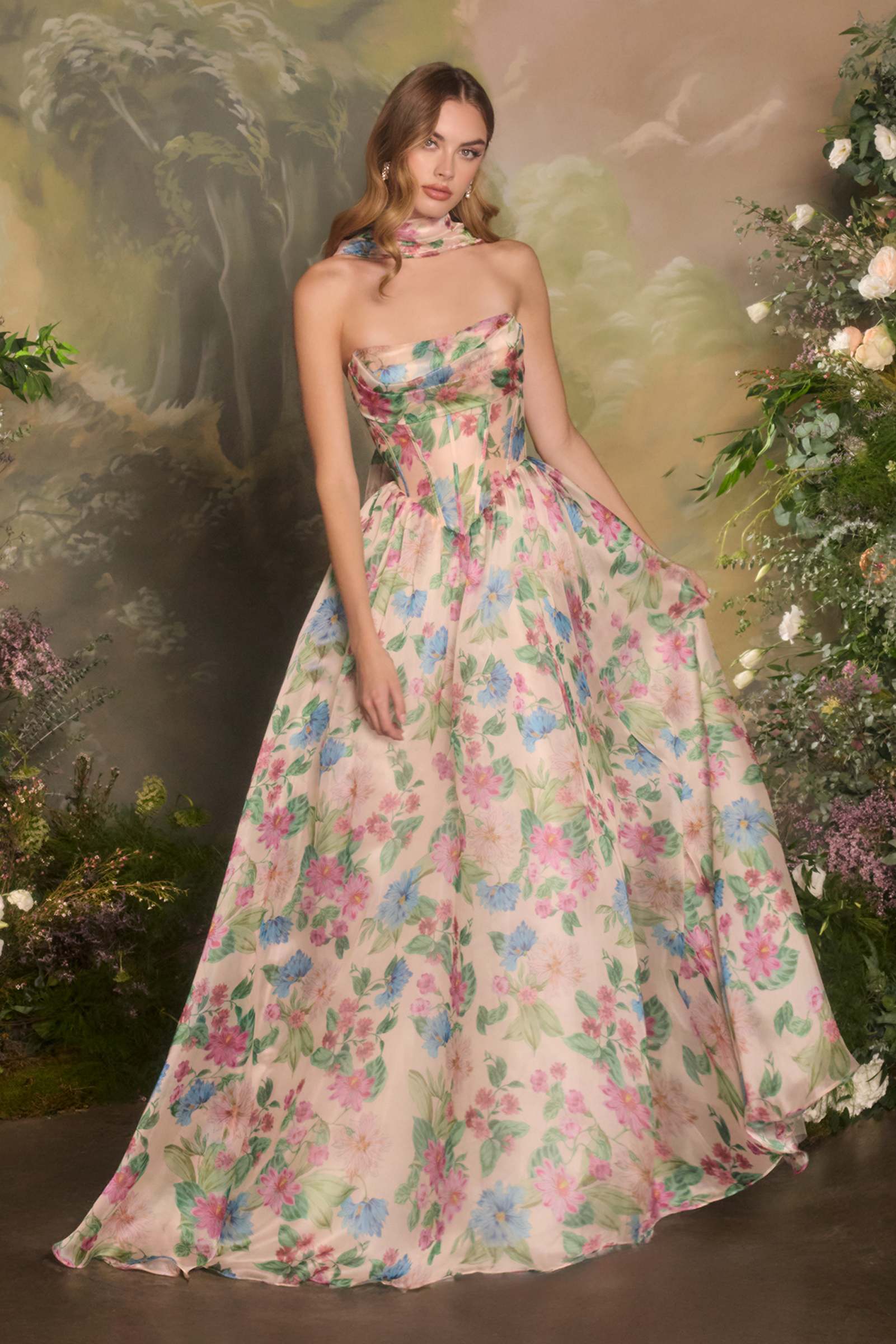Andrea & Leo A1425 Long A-Line Strapless Corset Bodice Floral Print Gown