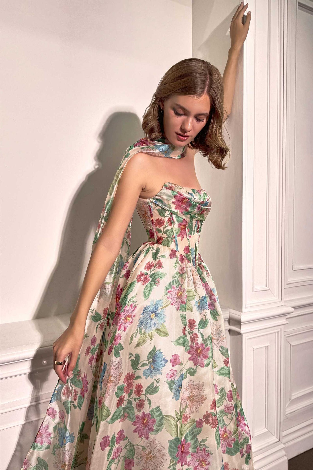 Andrea & Leo A1425 Long A-Line Strapless Corset Bodice Floral Print Gown