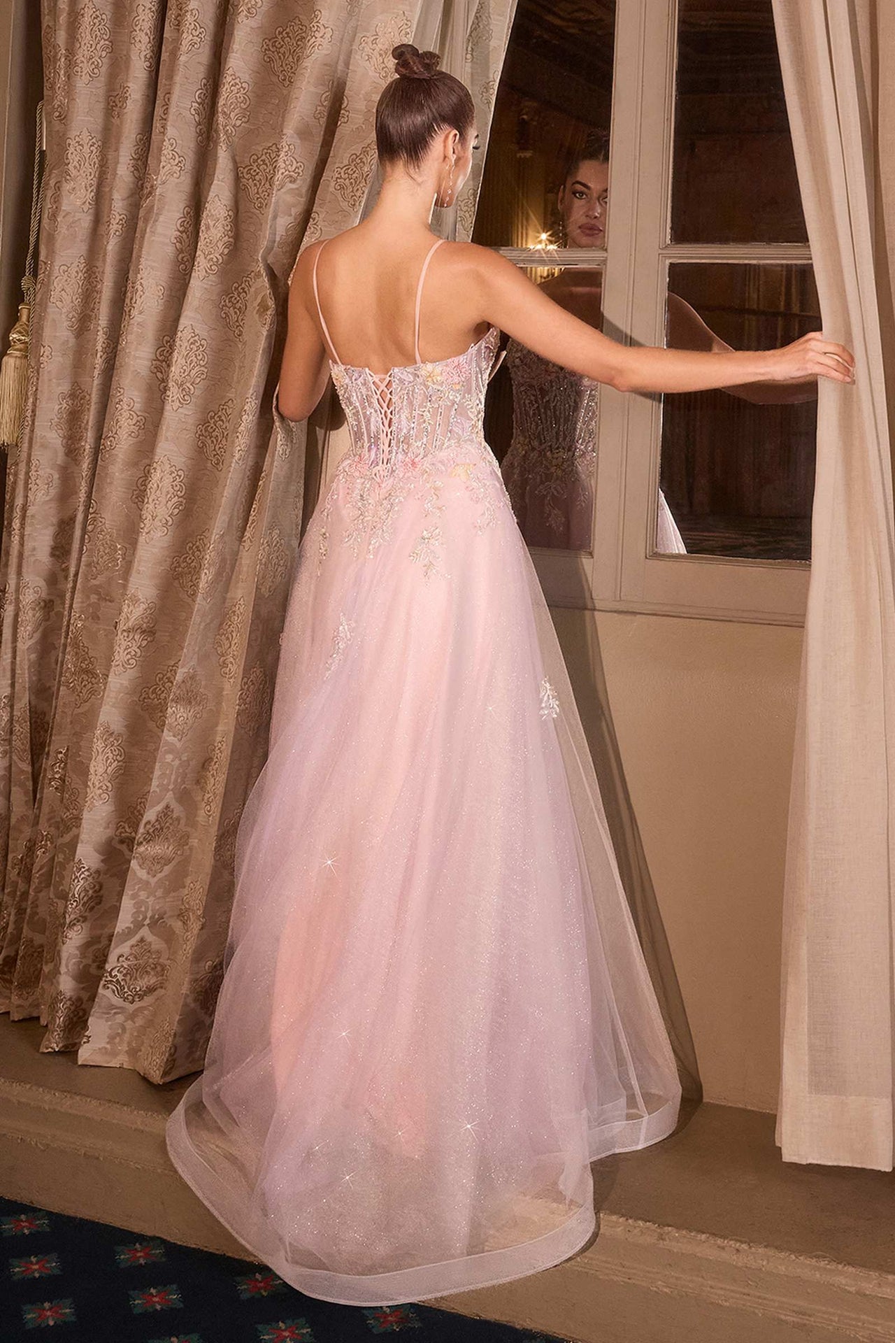 Andrea & Leo A1477 Deep V-Neck Floral Print Applique A-Line Ball Gown
