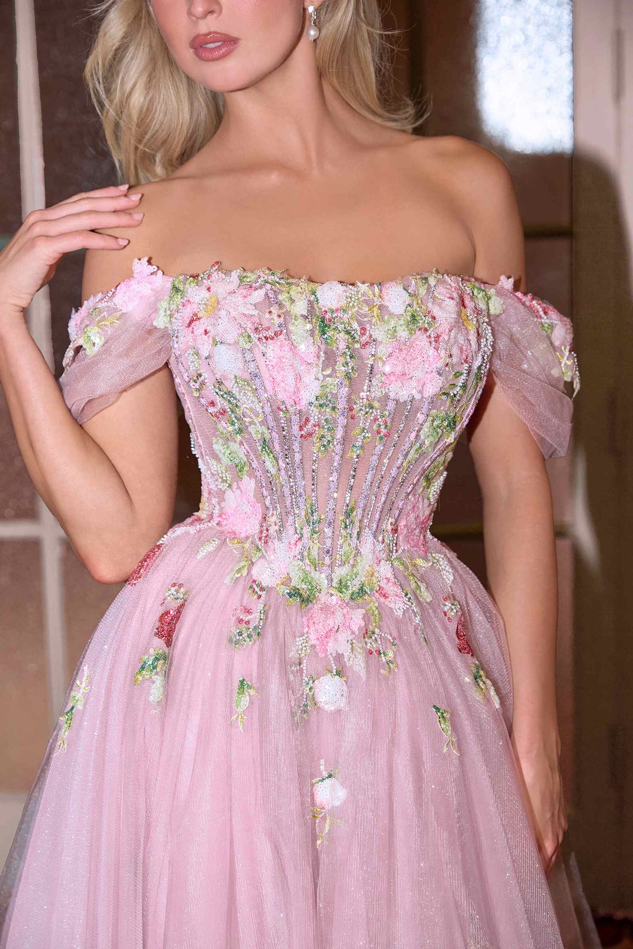 Andrea & Leo A1479 Long A-Line Off Shoulder 3D Floral Applique Gown