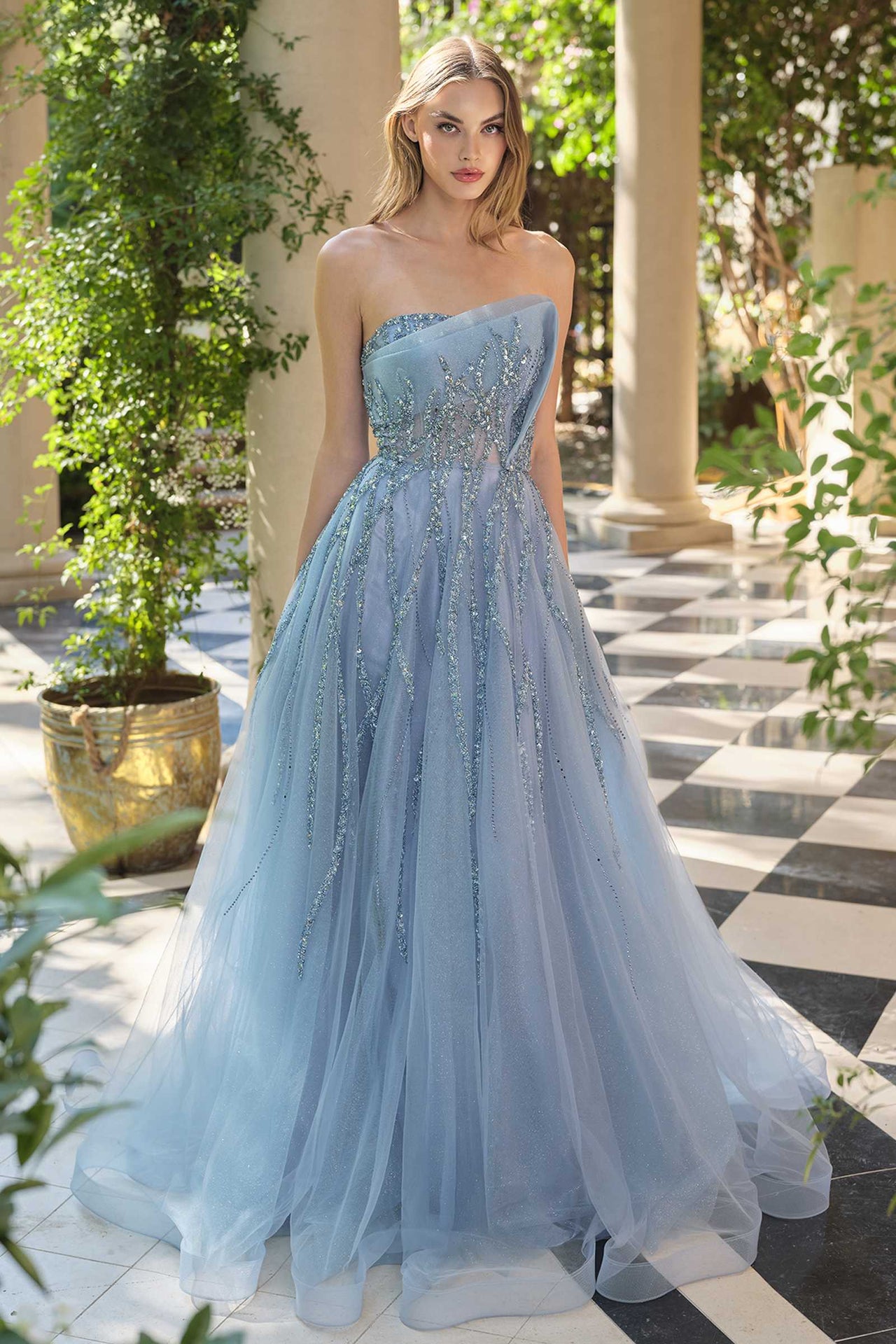 Andrea & Leo A1491 Boned Asymmetrical Sequin Bodice A-Line Formal Dress