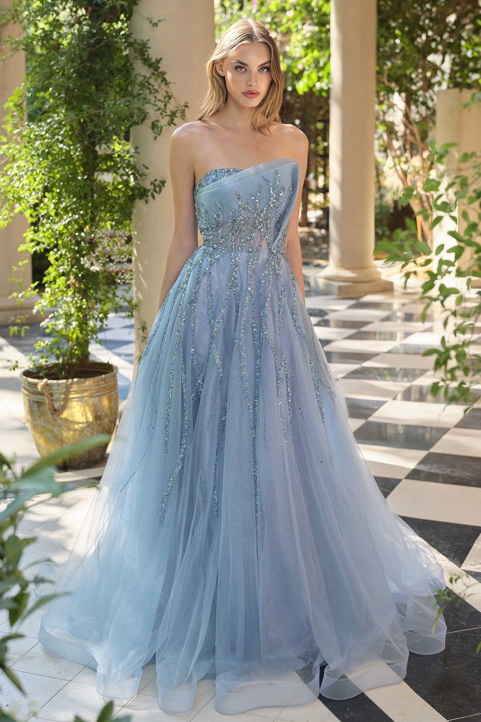 Andrea & Leo A1491 Boned Asymmetrical Sequin Bodice A-Line Formal Dress