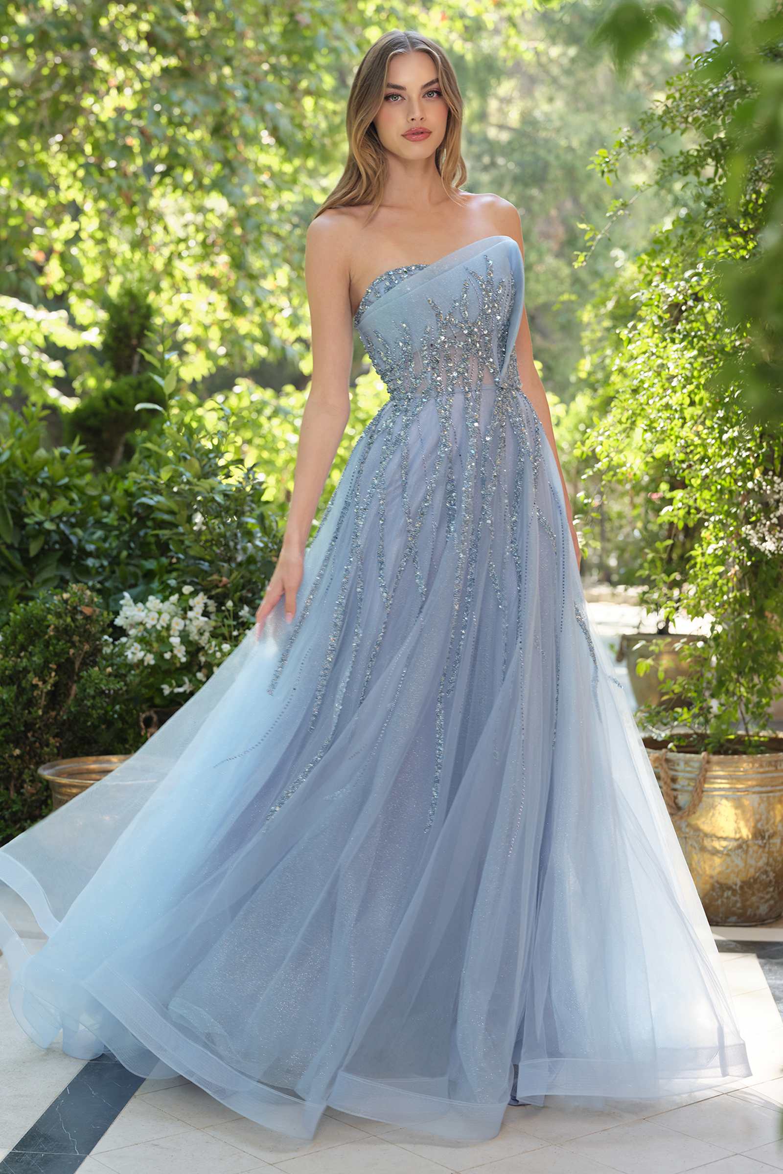 Andrea & Leo A1491 Boned Asymmetrical Sequin Bodice A-Line Formal Dress
