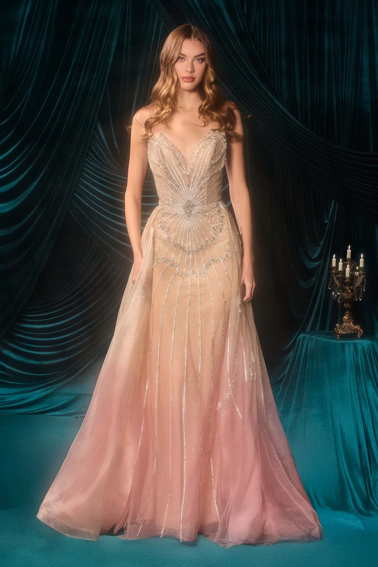 Andrea & Leo A1508 Fitted Layered Overskirt Ombre Pattern Formal Gown