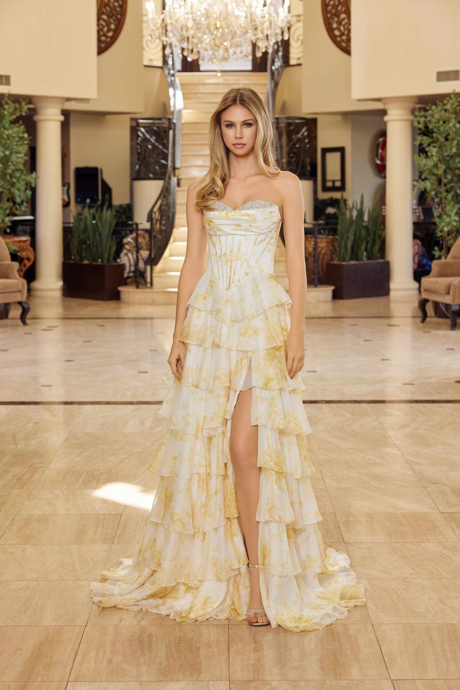 Nox Anabel A1752 Flowy Strapless A-Line Ruffled Layered Chiffon Prom Gown