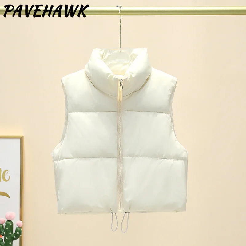 Women Short Cotton Down Vest Sleeveless Warm Stand Up Collar Outerwear Casual Winter Loose Basic Thick Jacket Female Clothes