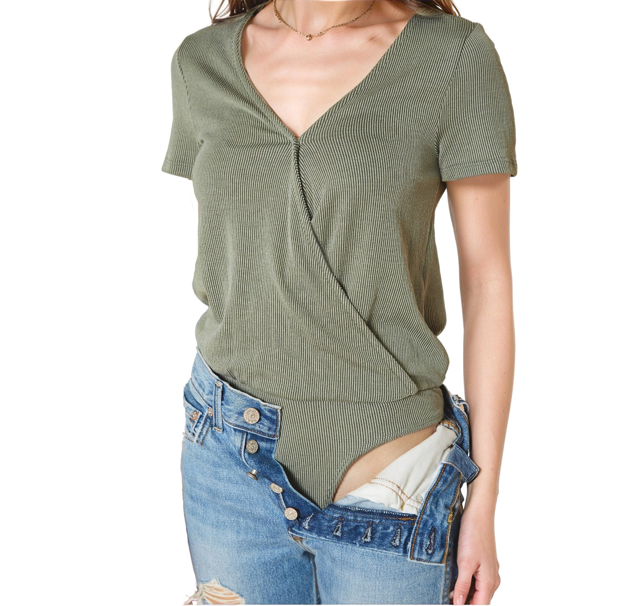 Women's V-Neck SS Surplus Bodysuit in Green