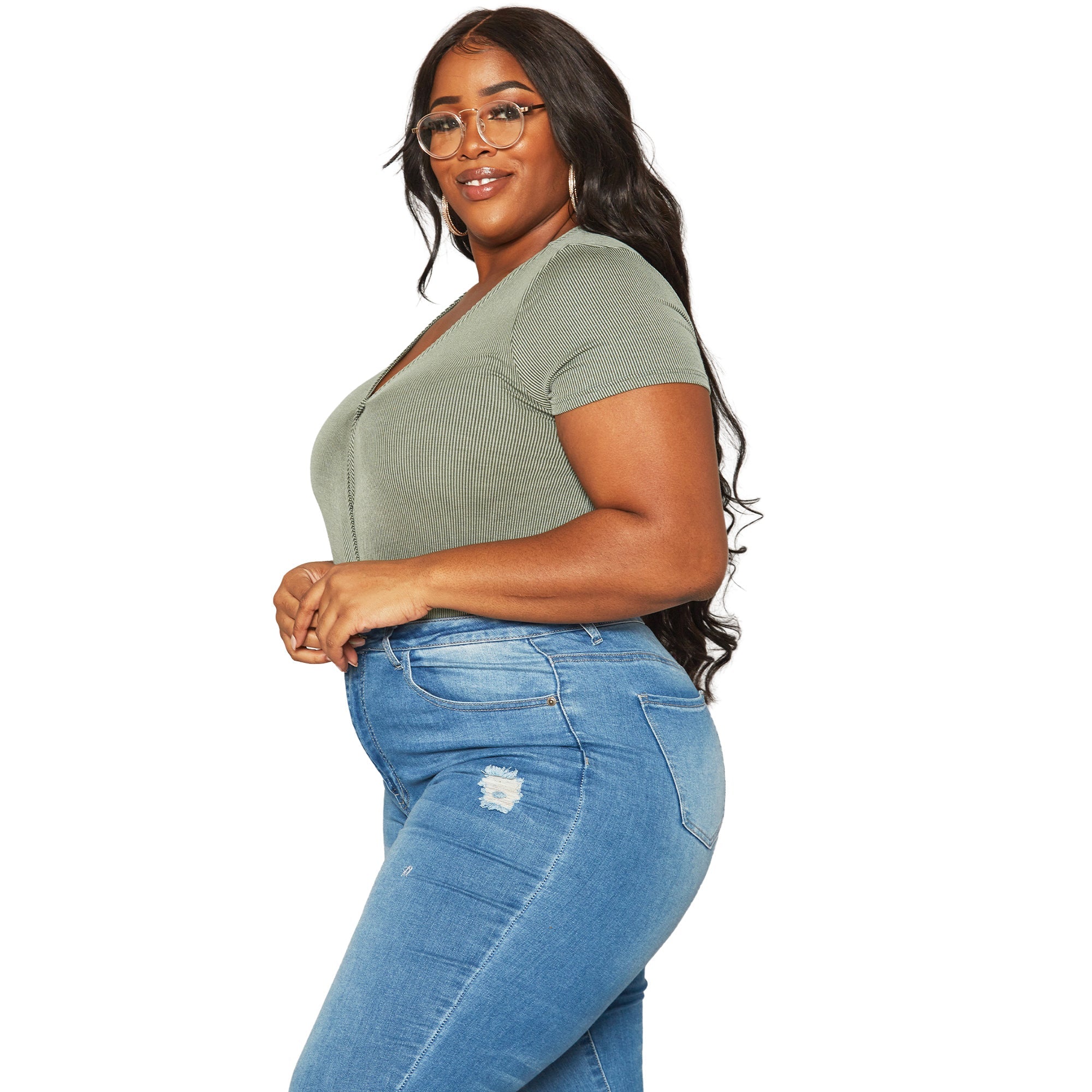 Plus Size Women's Ribbed V Neck Short Sleeve Bodysuit