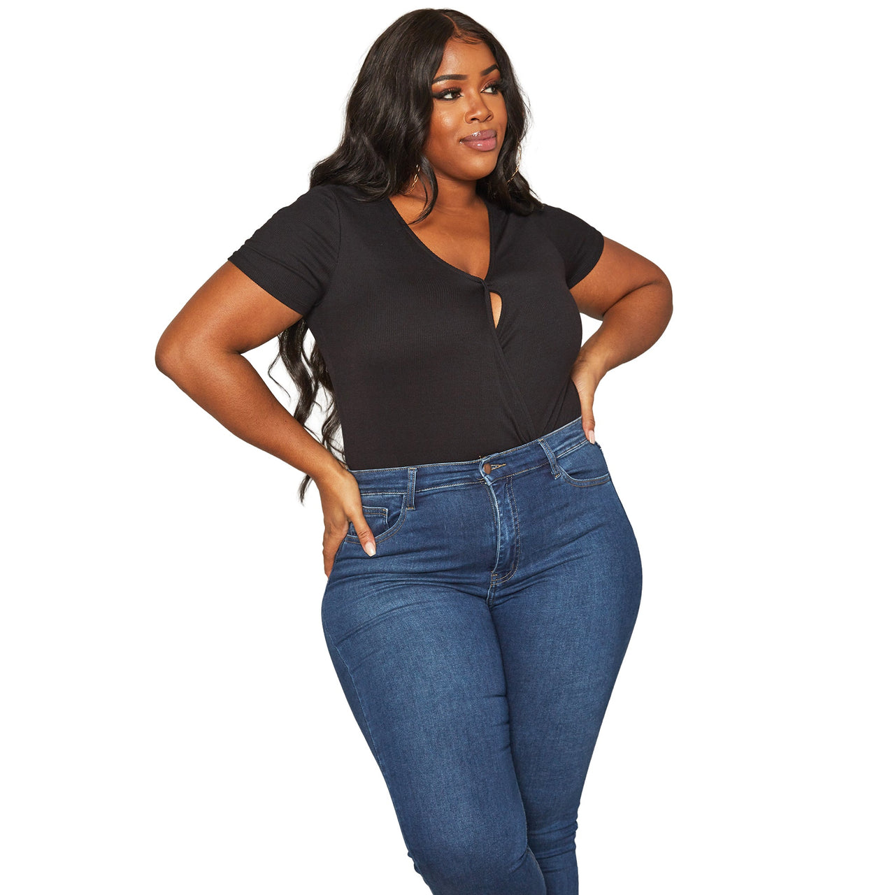 Plus Size Women's Ribbed V Neck Short Sleeve Bodysuit