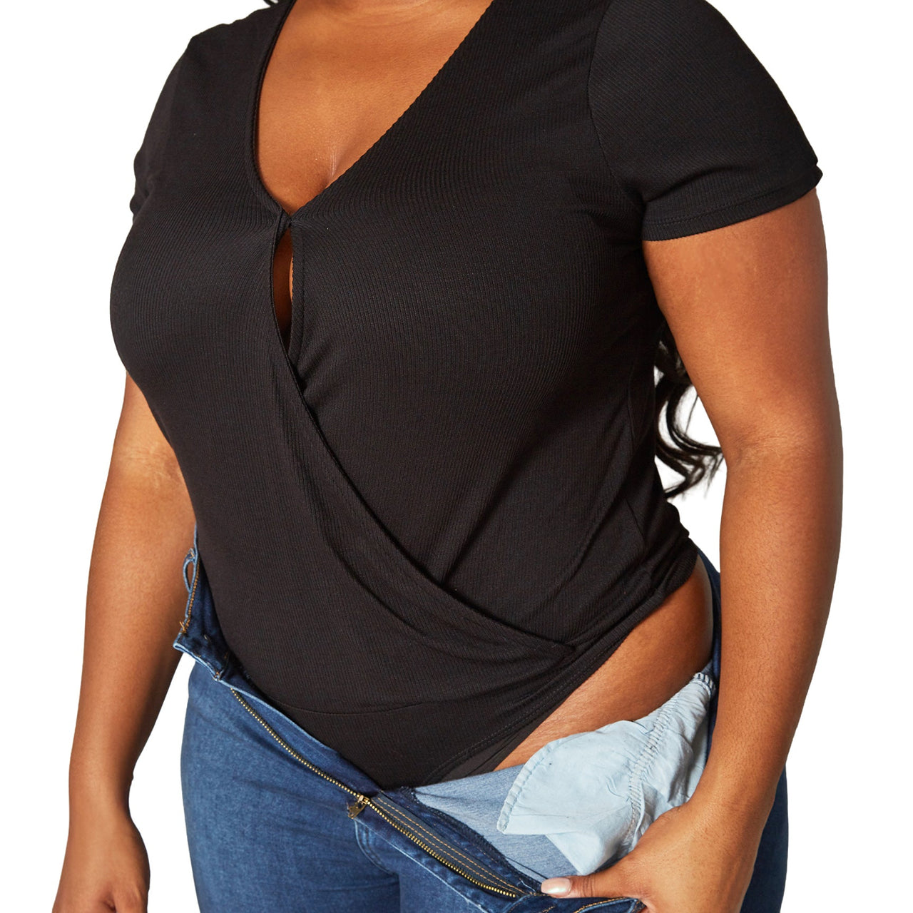 Plus Size Women's Ribbed V Neck Short Sleeve Bodysuit
