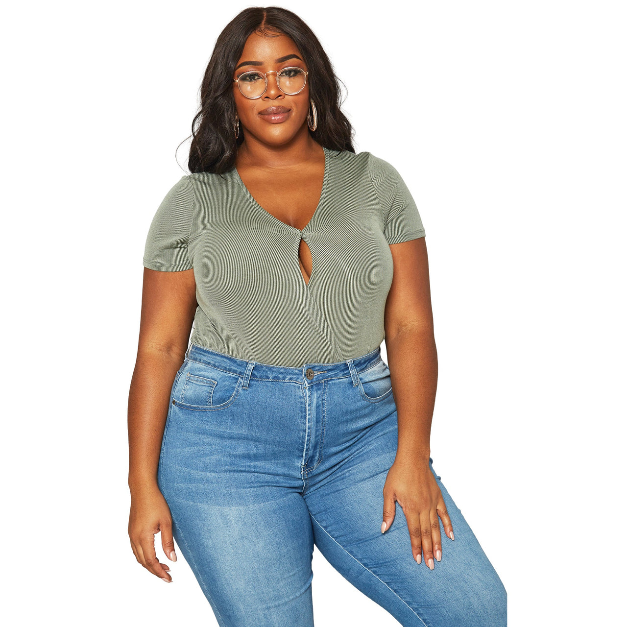 Plus Size Women's Ribbed V Neck Short Sleeve Bodysuit