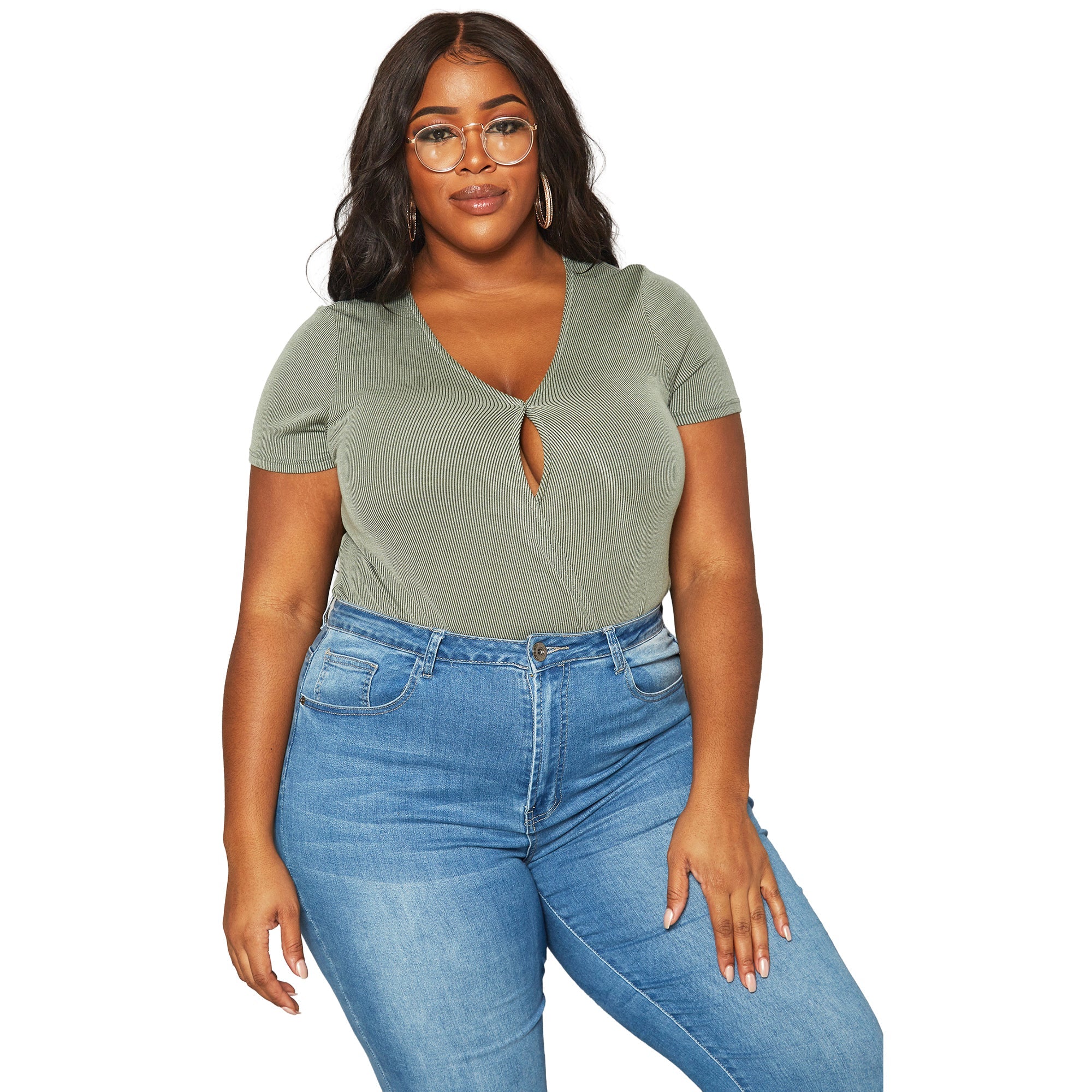 Plus Size Women's Ribbed V Neck Short Sleeve Bodysuit