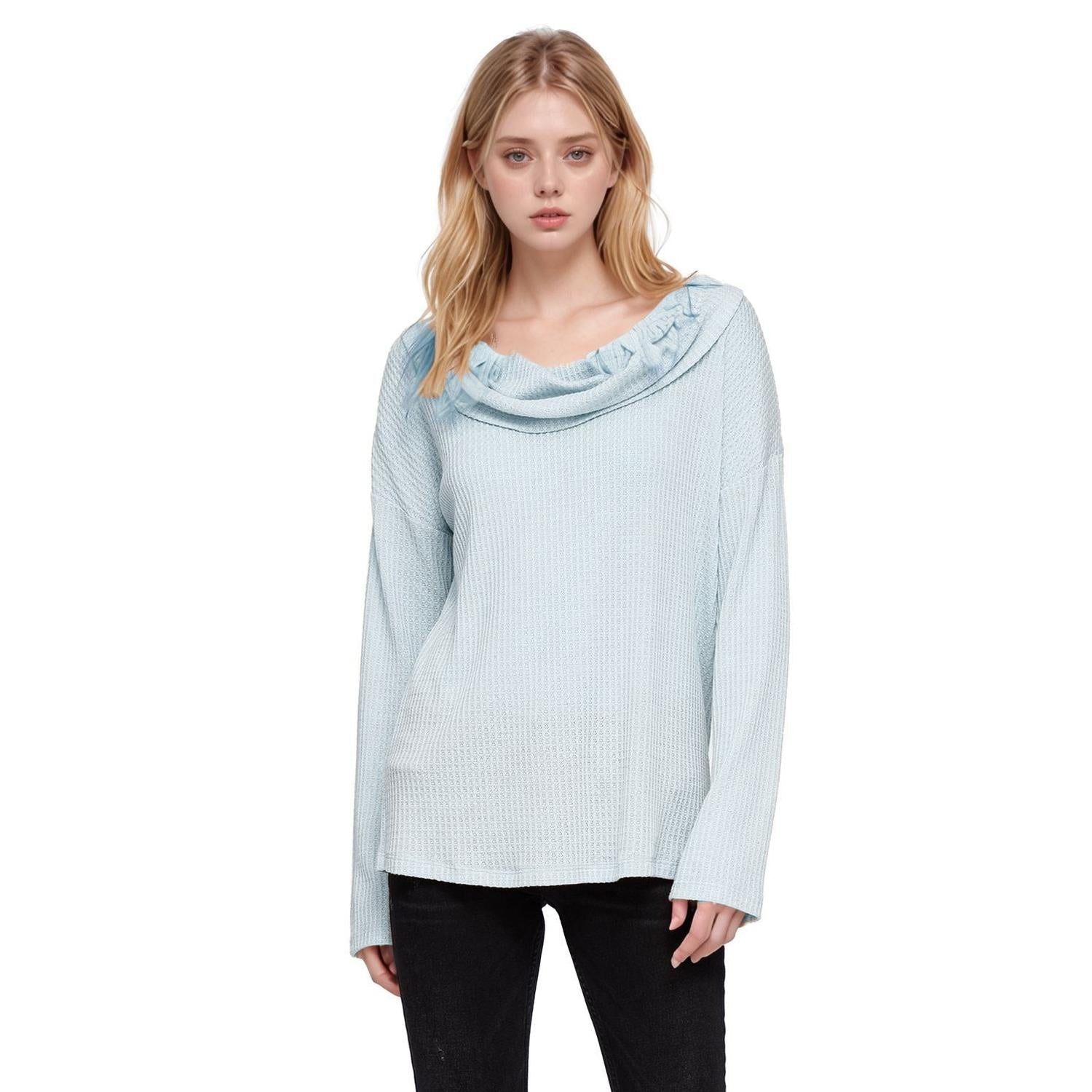 Pleione Draped Cowl Neck Top in Dusty Blue
