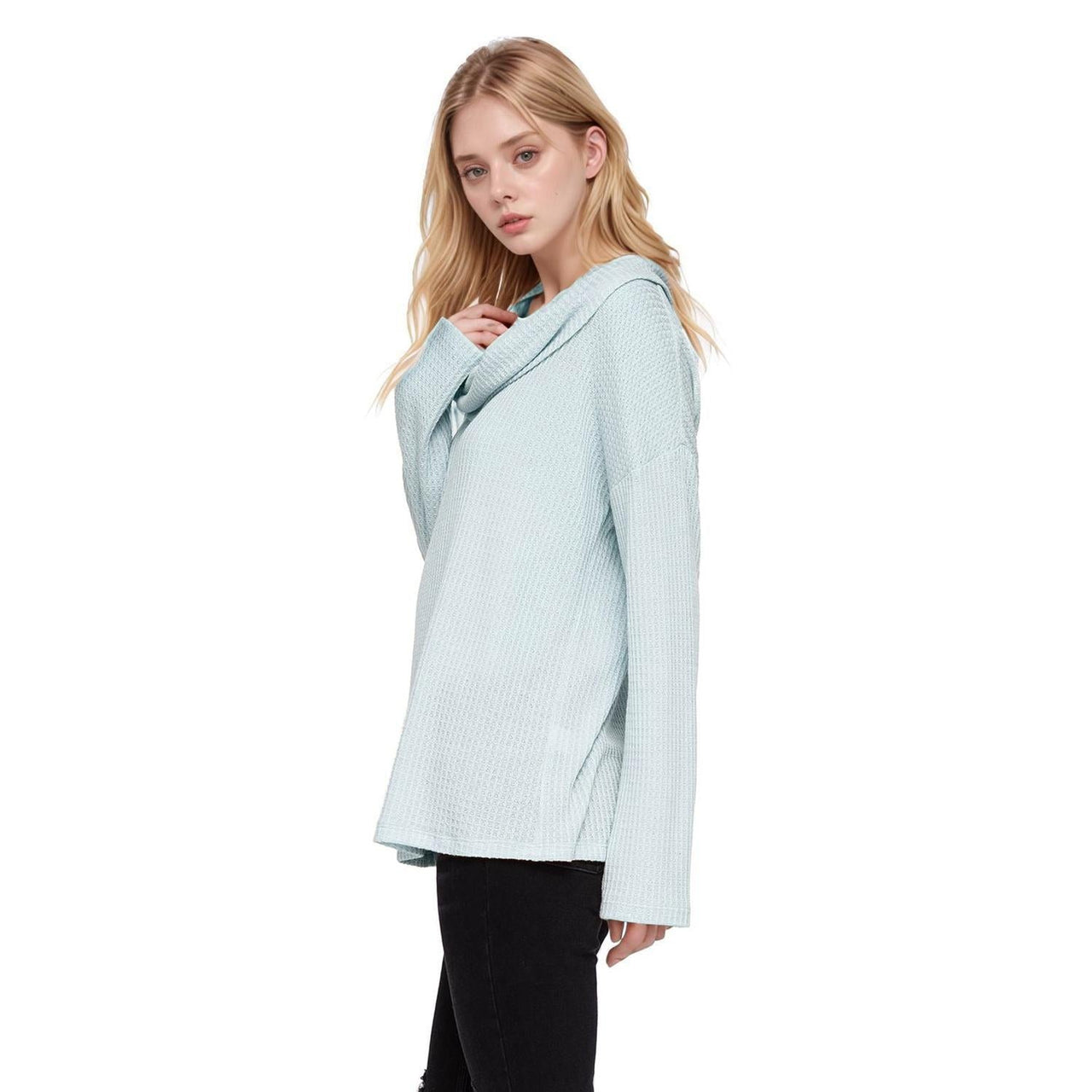 Pleione Draped Cowl Neck Top in Dusty Blue