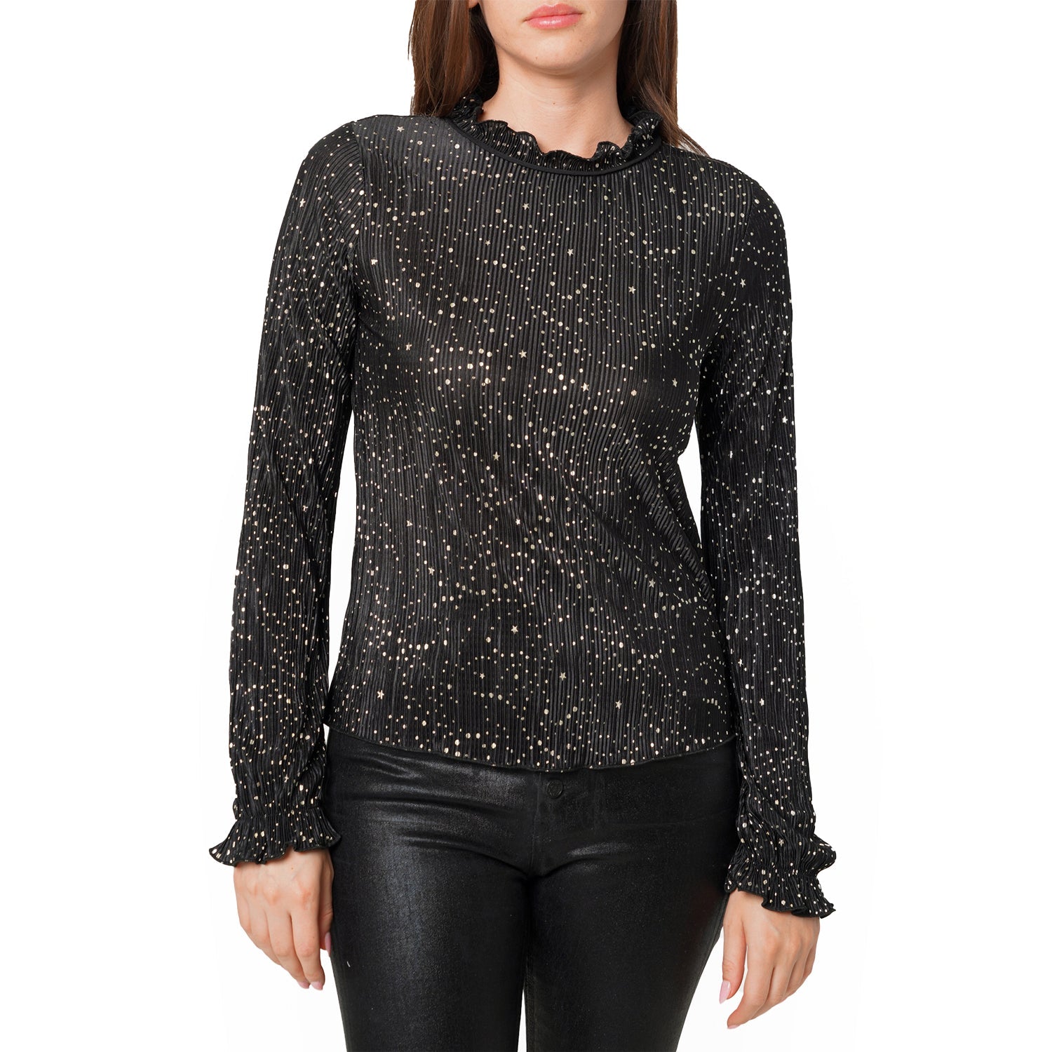 Women's Long Sleeve Mock Neck Lettuce Edge Top In Black Gold