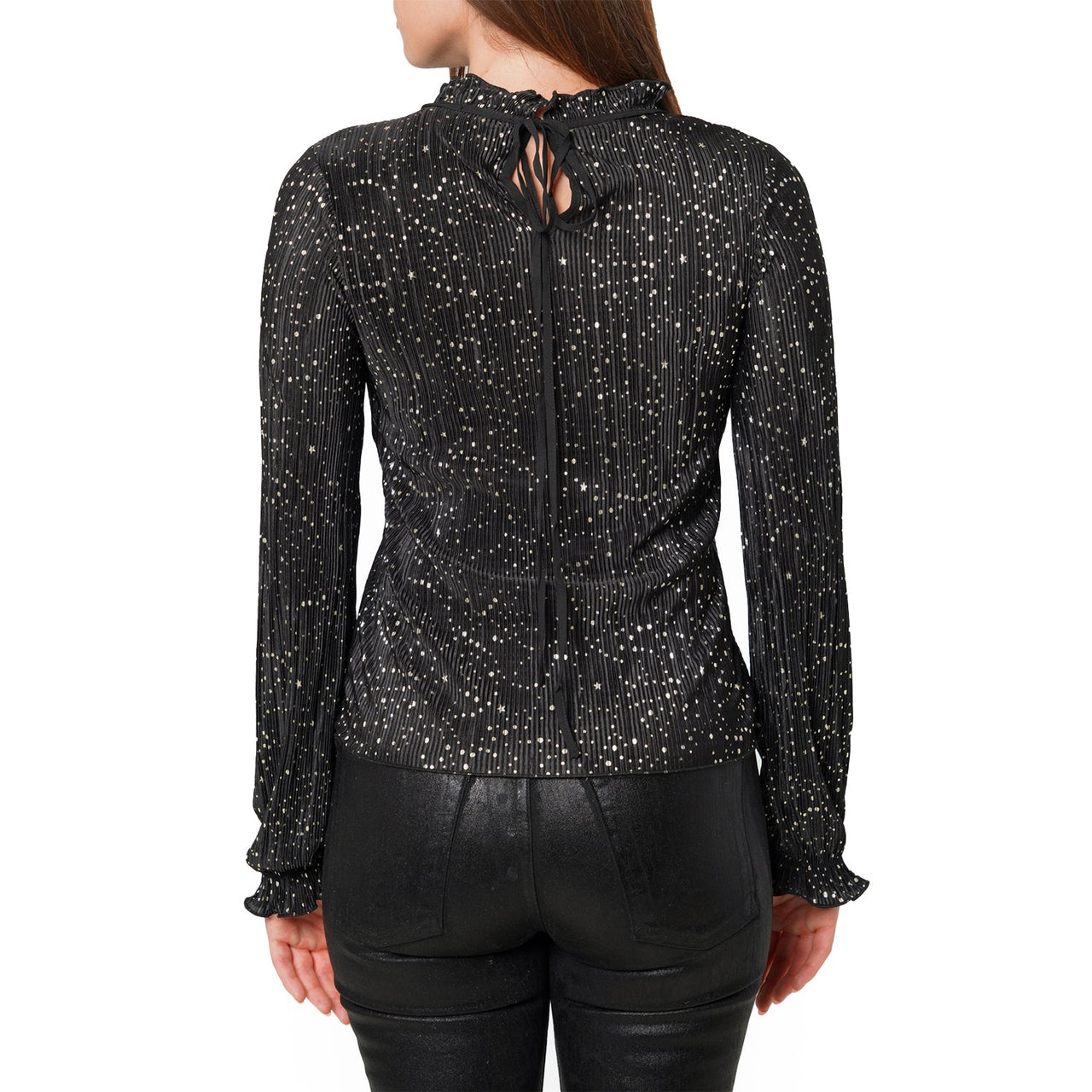 Women's Long Sleeve Mock Neck Lettuce Edge Top In Black Gold