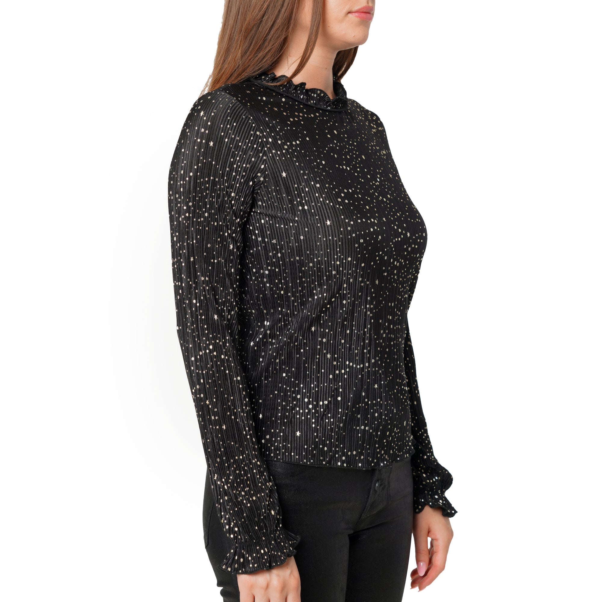 Women's Long Sleeve Mock Neck Lettuce Edge Top In Black Gold