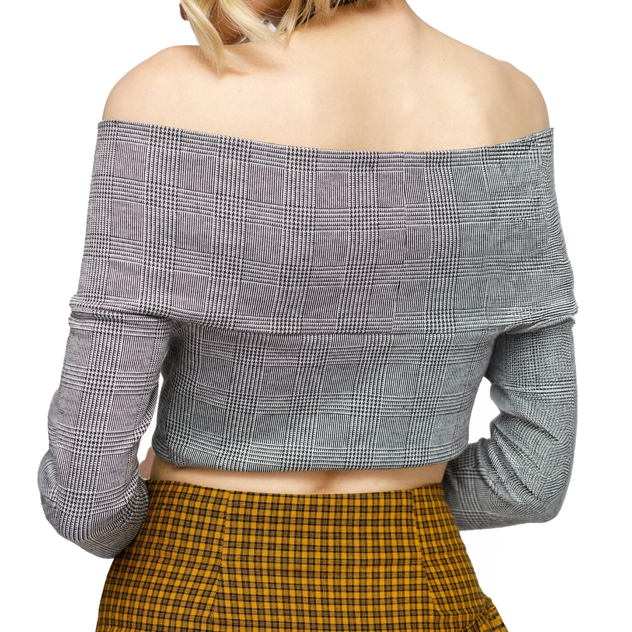 Women's Glen Plaid Off Shoulder Crisscross Crop Top In Grey