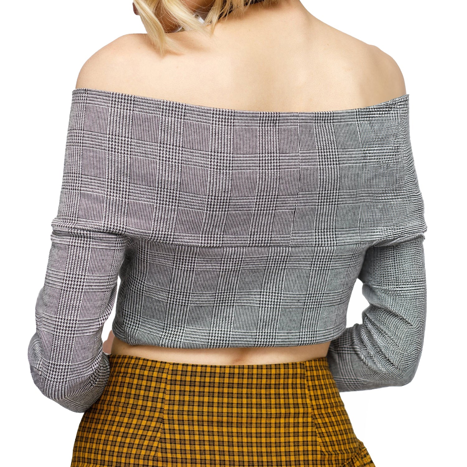 Women's Glen Plaid Off Shoulder Crisscross Crop Top In Grey