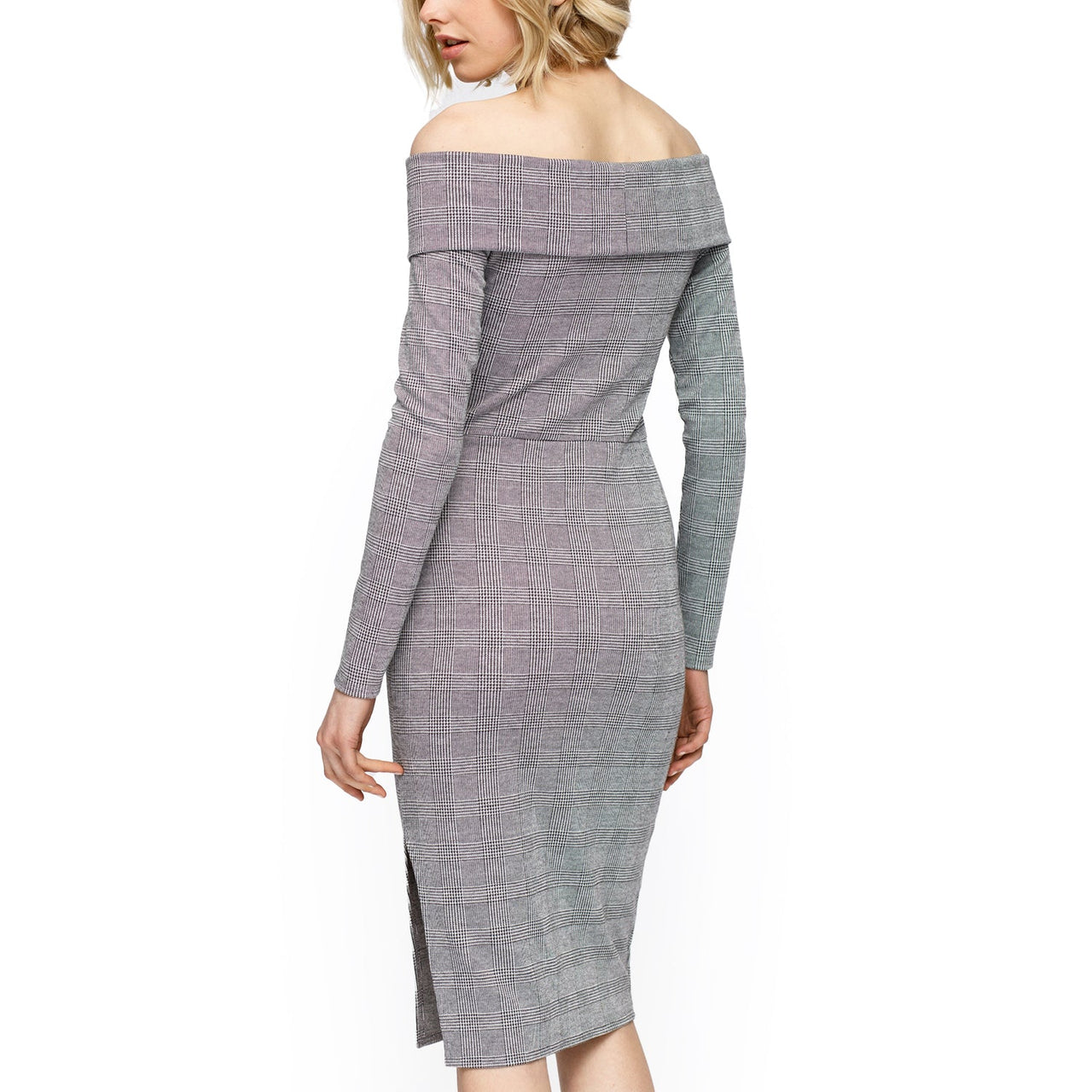 Women's Glen Plaid Off Shoulder Crisscross Dress In Grey Black