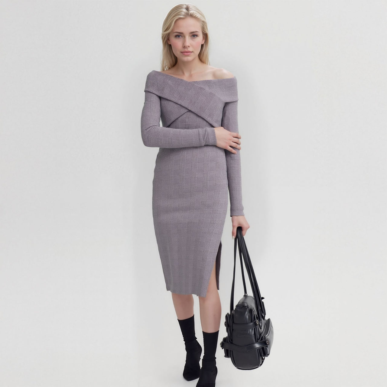 Women's Glen Plaid Off Shoulder Crisscross Dress In Grey Black