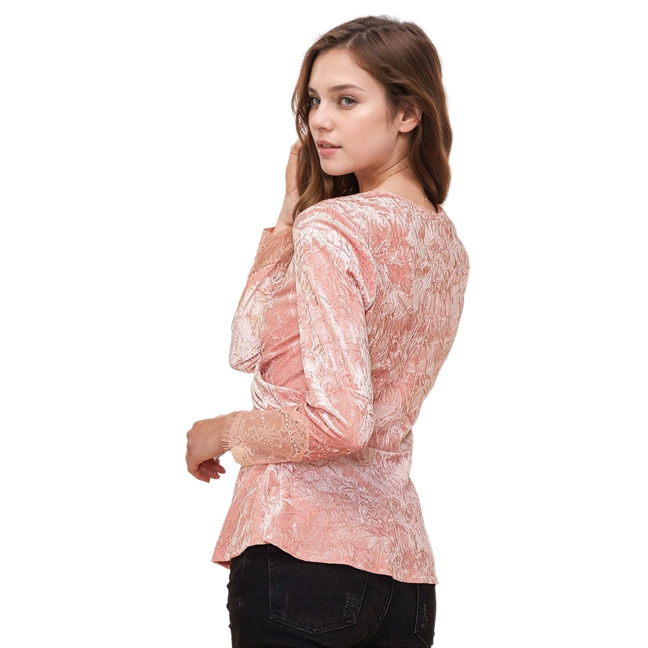 Women's Velvet Wrap Peplum Top In Peach