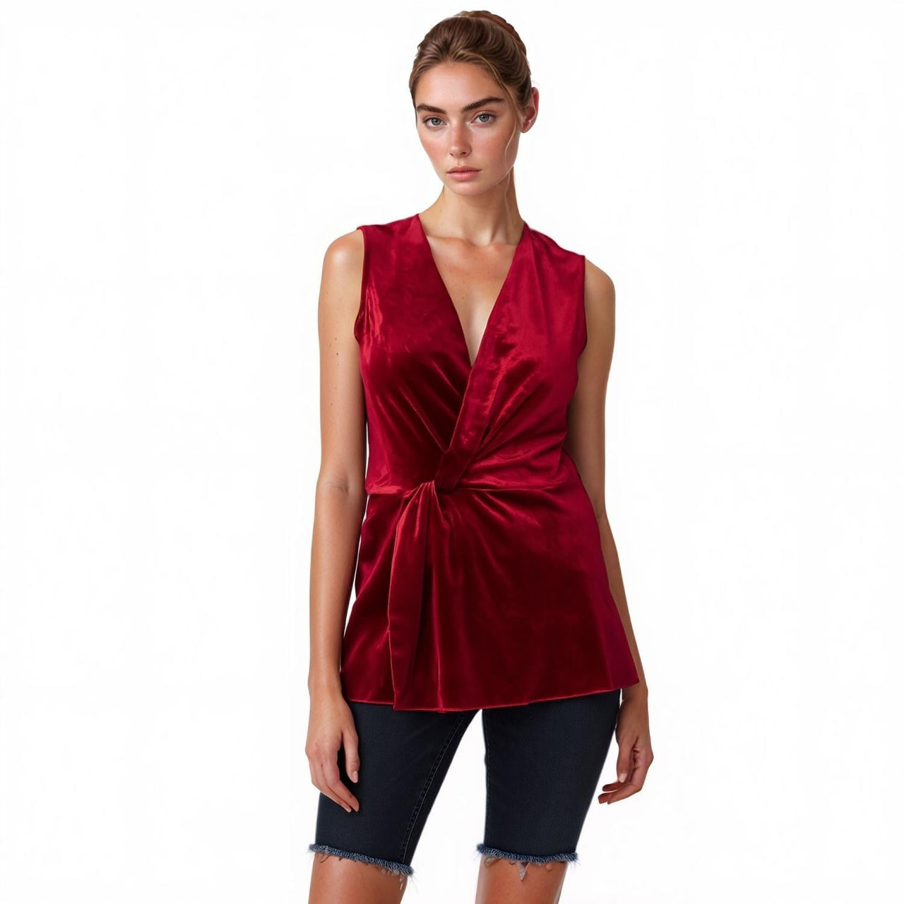 Pleione Women's Velvet Twist Front Sleeveless Top