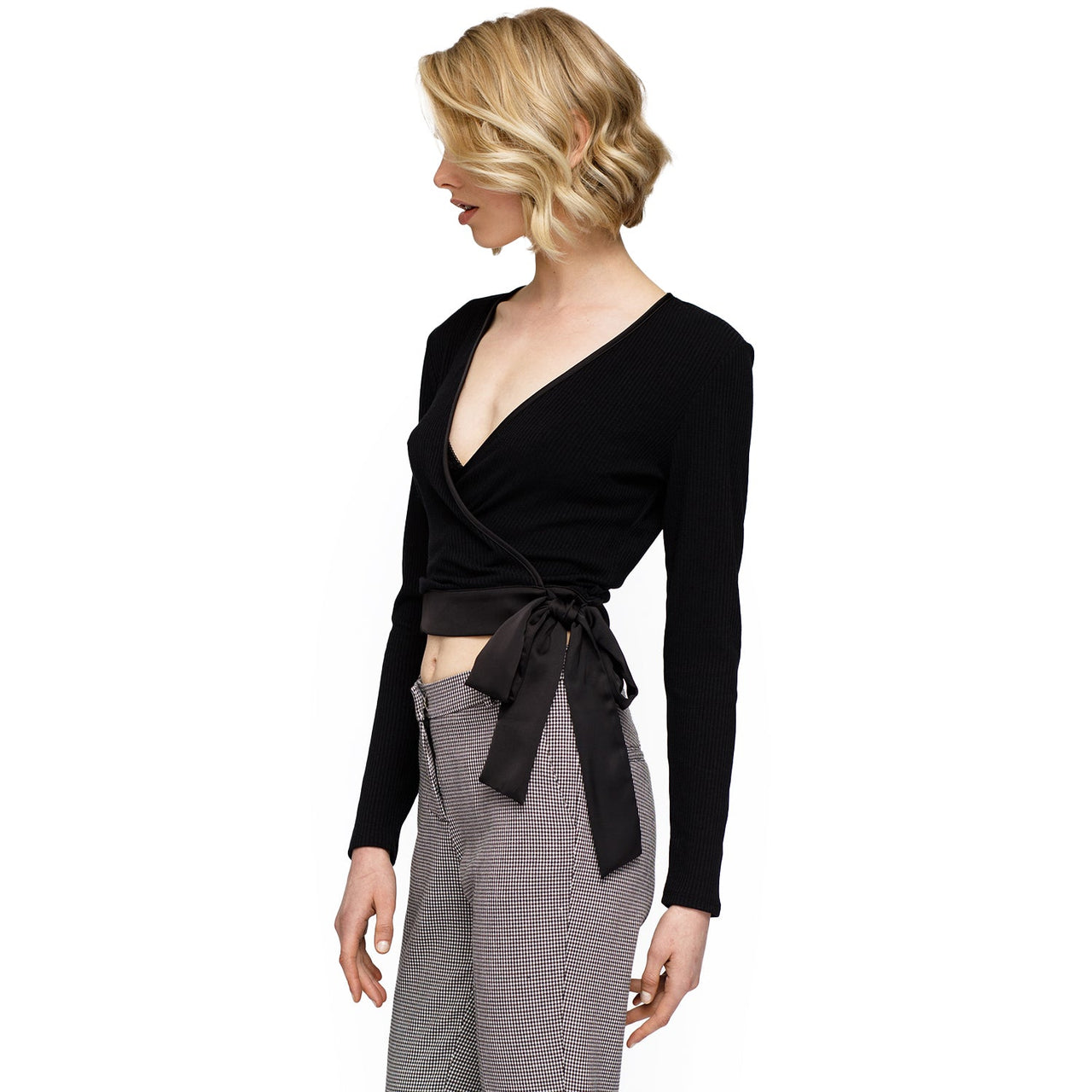 Women's Wrap Front Tie Ribbed Crop Knit Top In Black