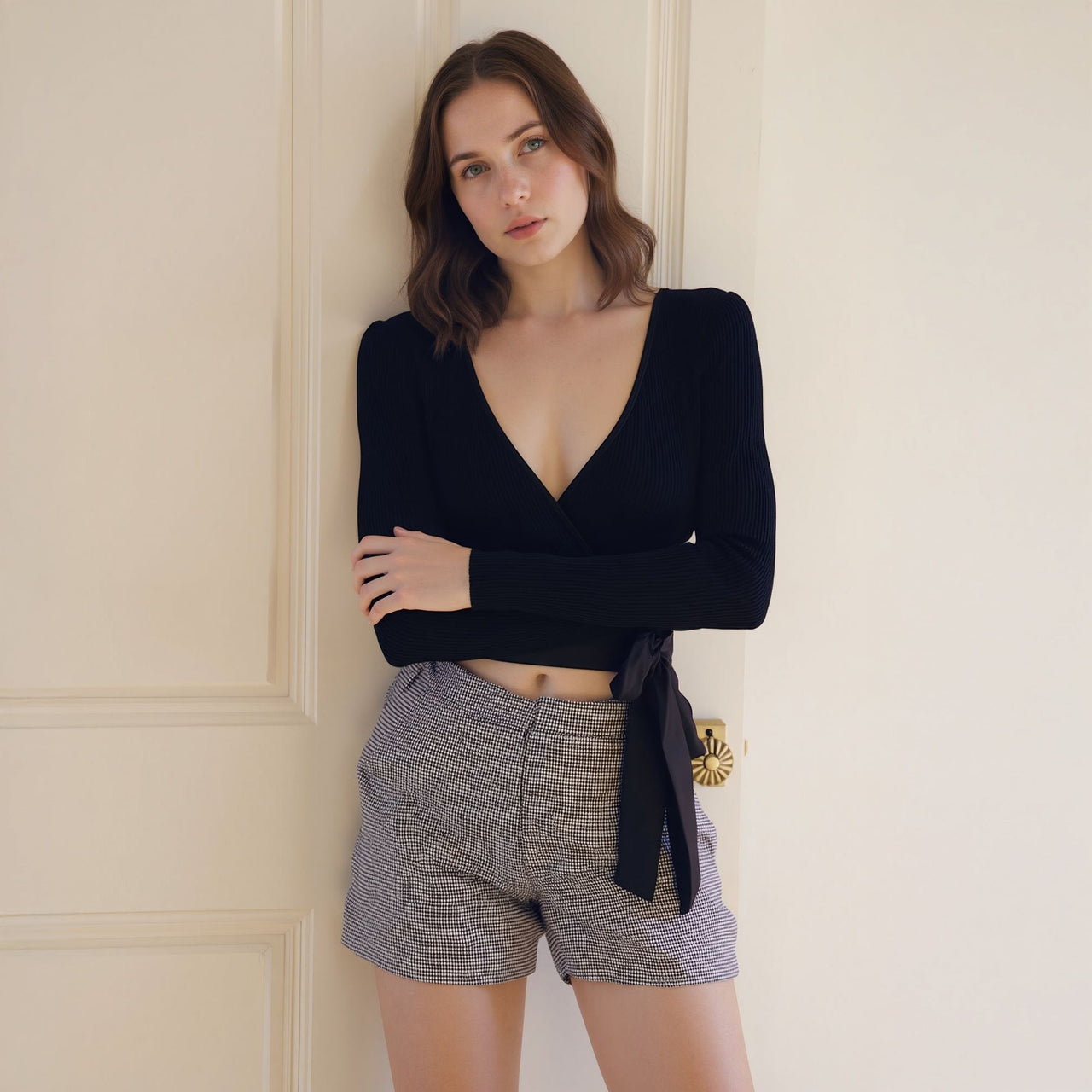 Women's Wrap Front Tie Ribbed Crop Knit Top In Black