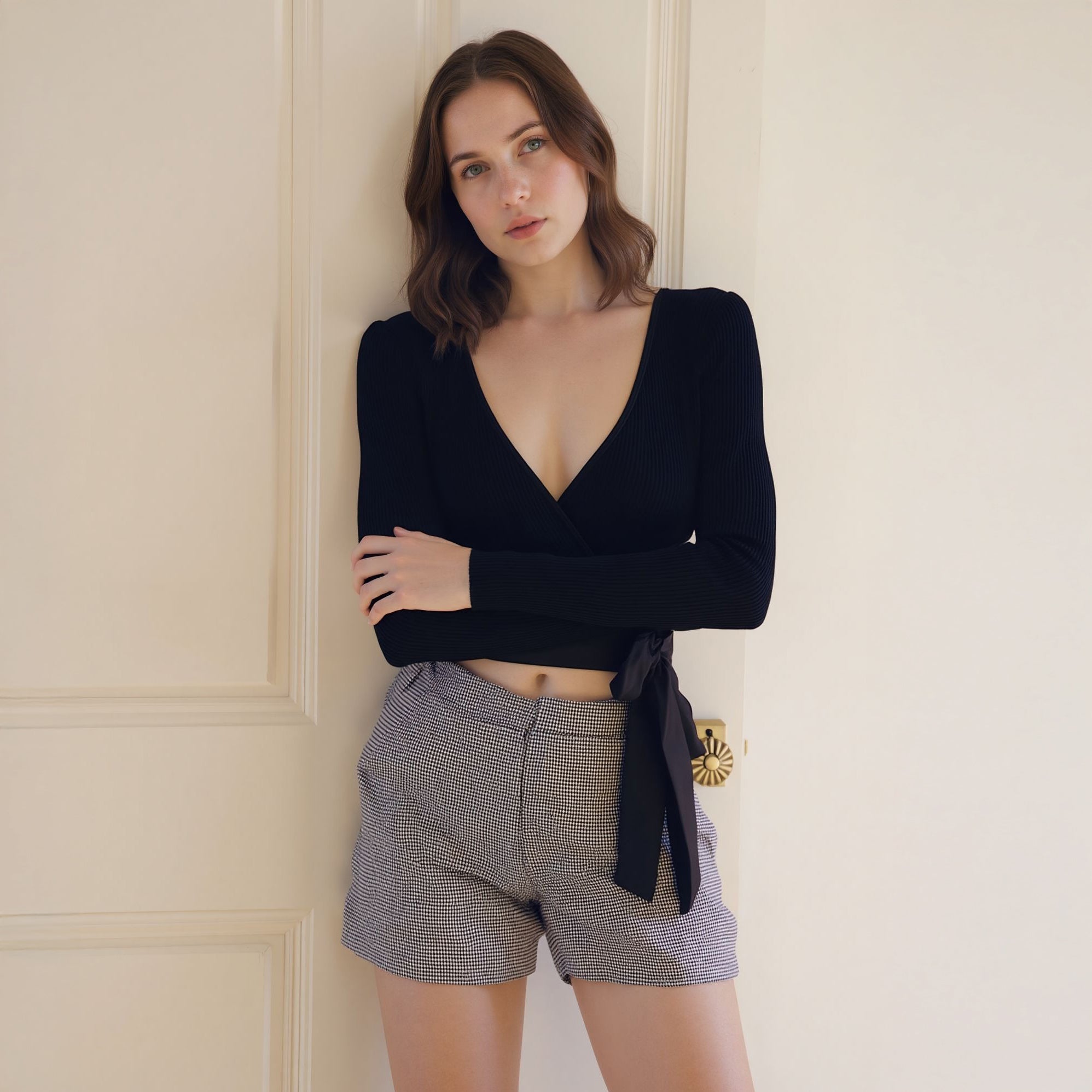 Women's Wrap Front Tie Ribbed Crop Knit Top In Black
