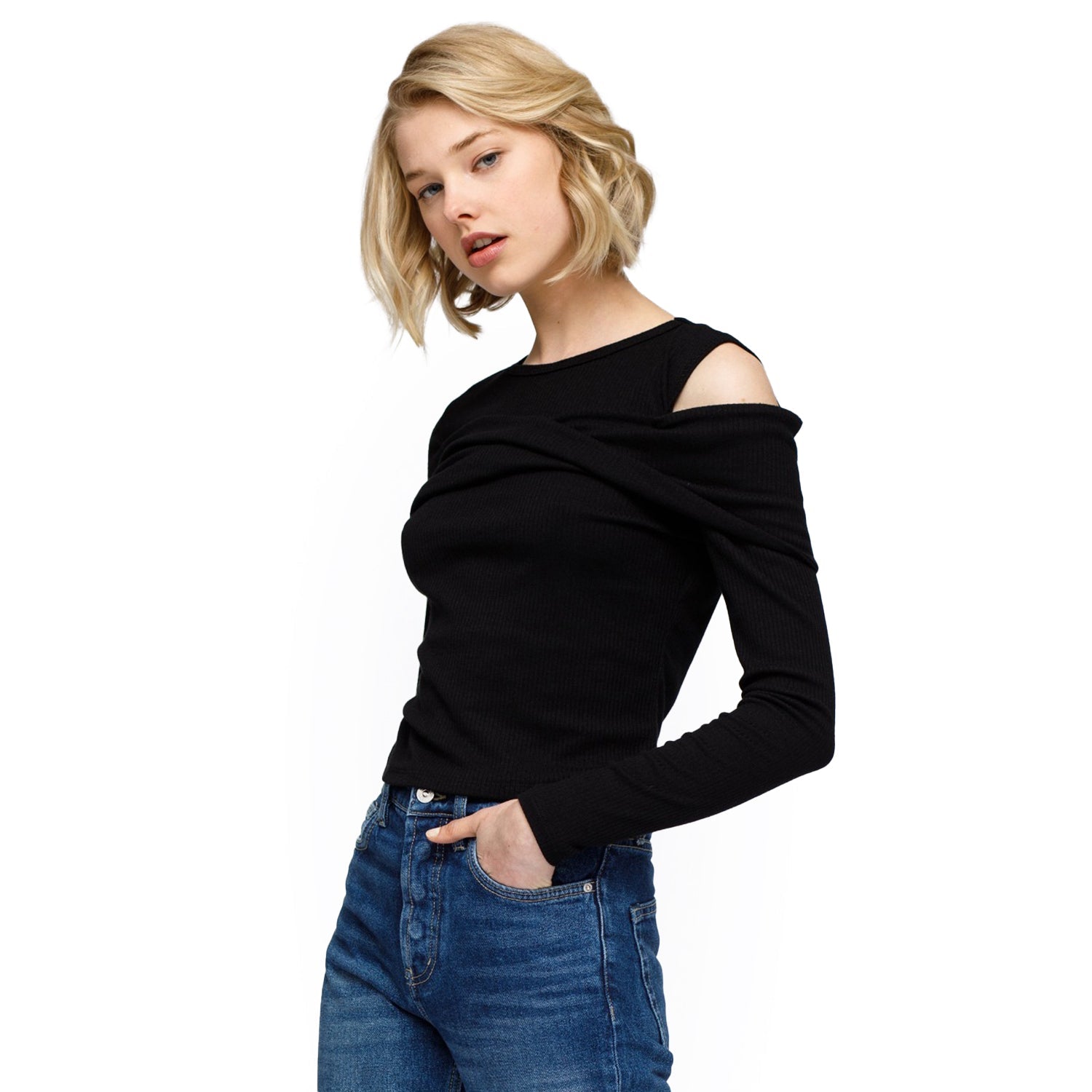 Women's Cold Shoulder Ribbed Knit Top In Black