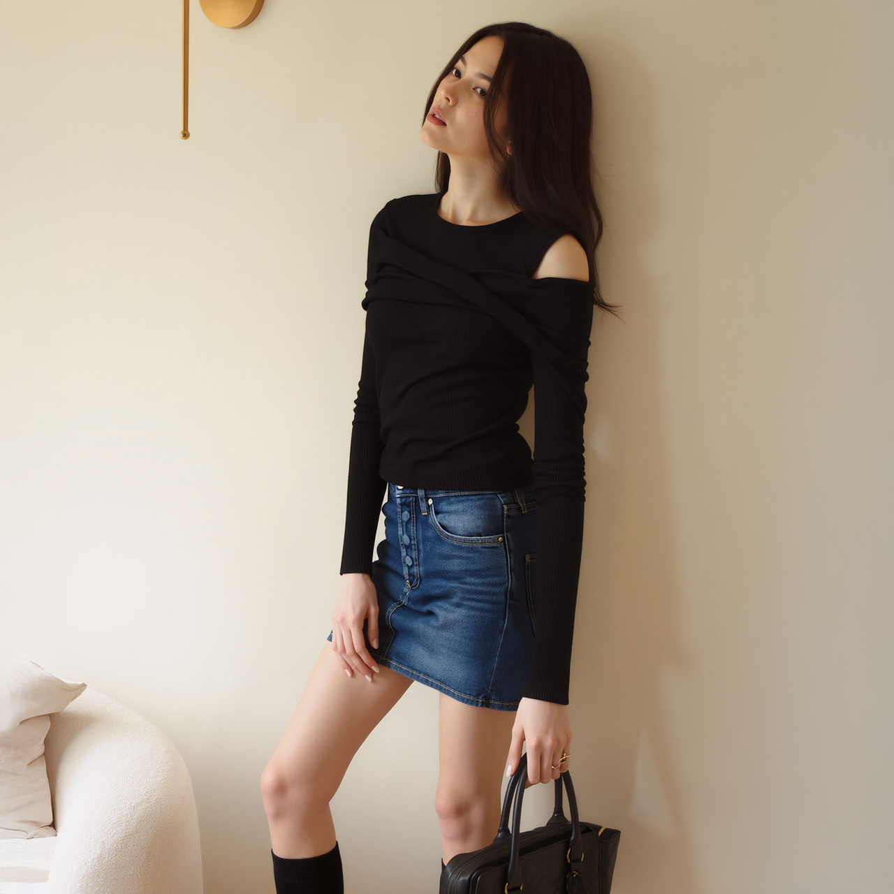 Women's Cold Shoulder Ribbed Knit Top In Black