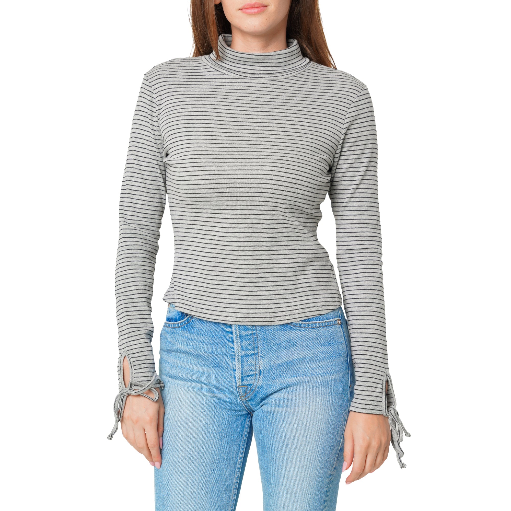 Women's Long Sleeve Mock Neck Tie Cuff Stripe Tee