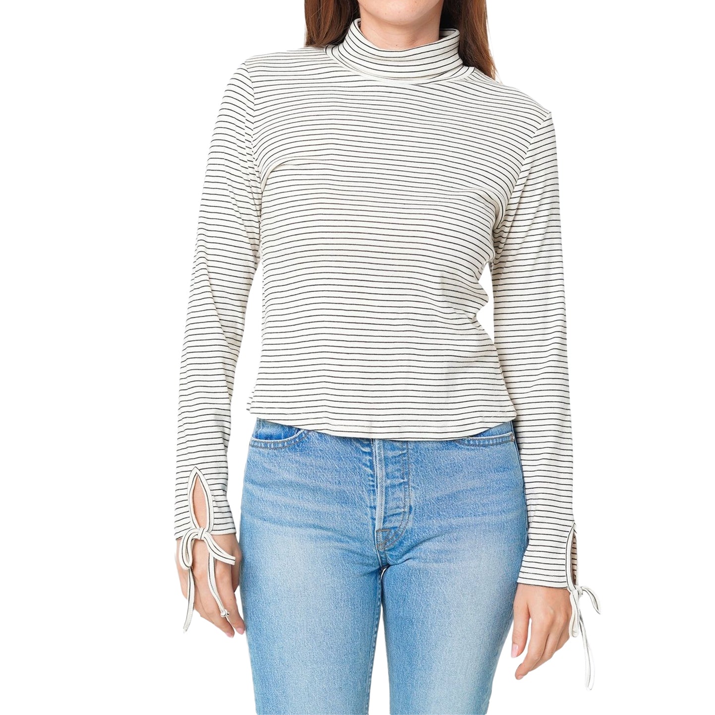 Women's Long Sleeve Mock Neck Tie Cuff Stripe Tee