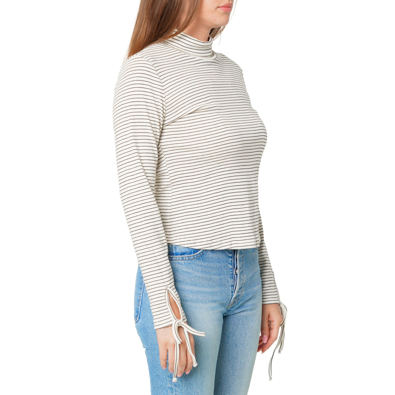 Women's Long Sleeve Mock Neck Tie Cuff Stripe Tee