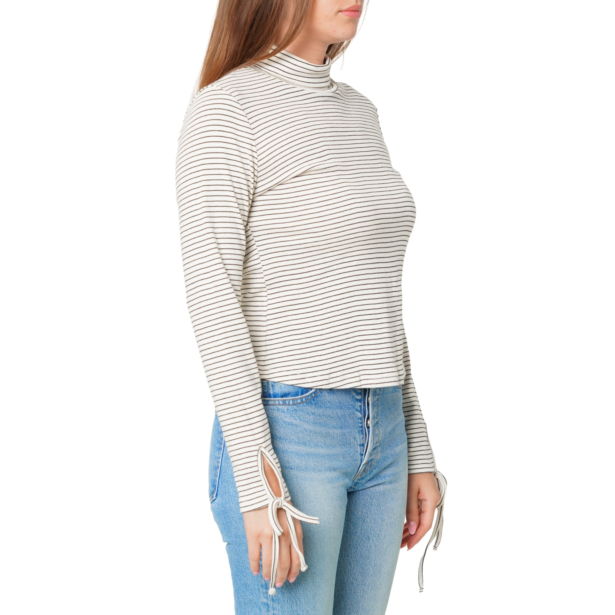 Women's Long Sleeve Mock Neck Tie Cuff Stripe Tee