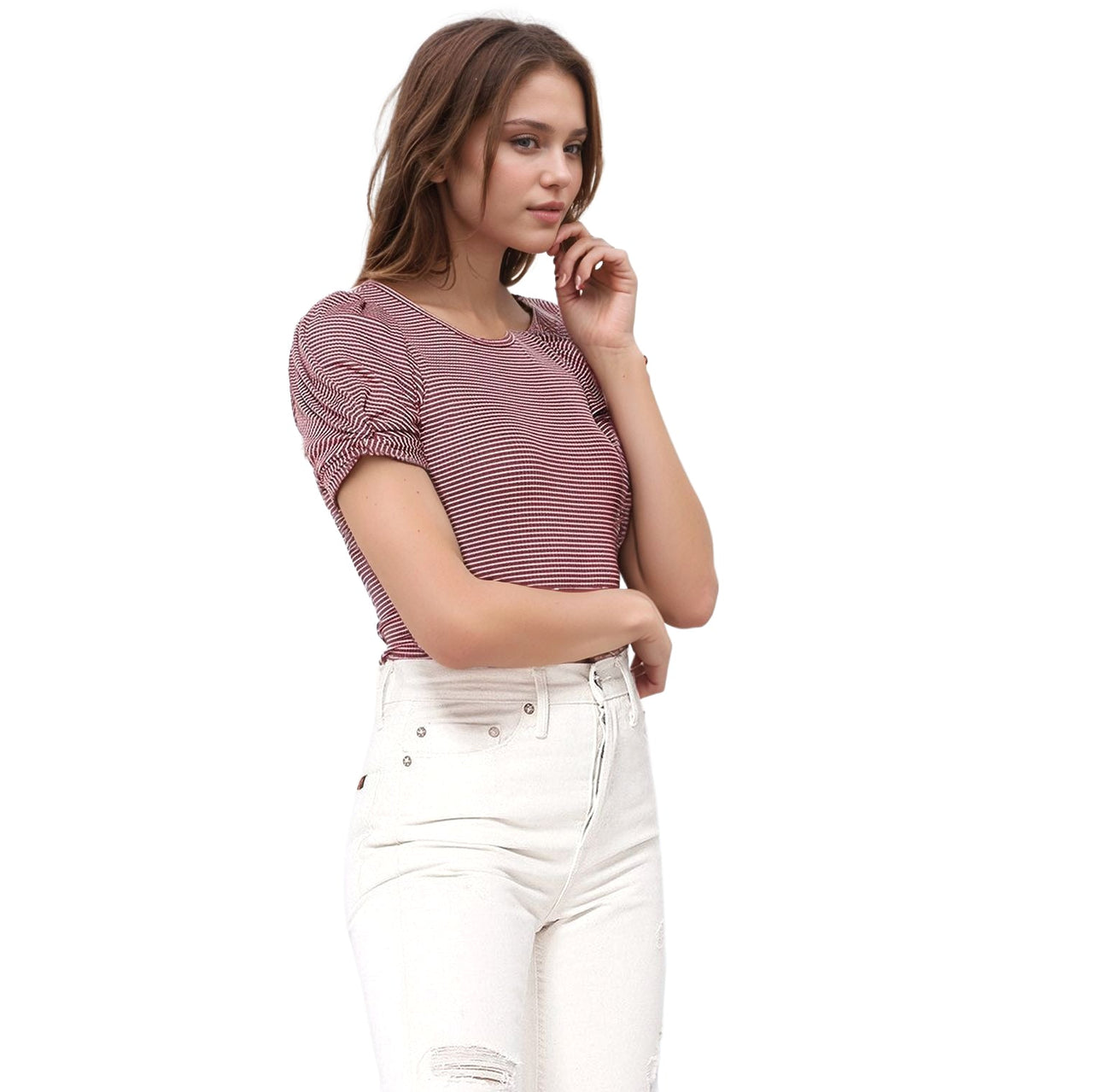 Women's Gathered Short Sleeve Stripe Knit Top In Brick Cream