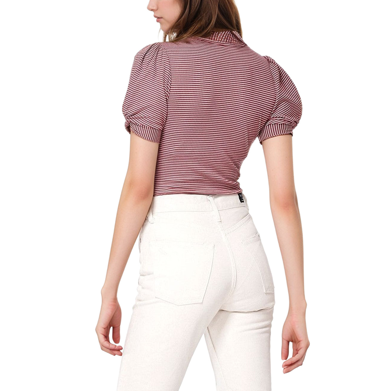 Women's Gathered Short Sleeve Stripe Knit Top In Brick Cream