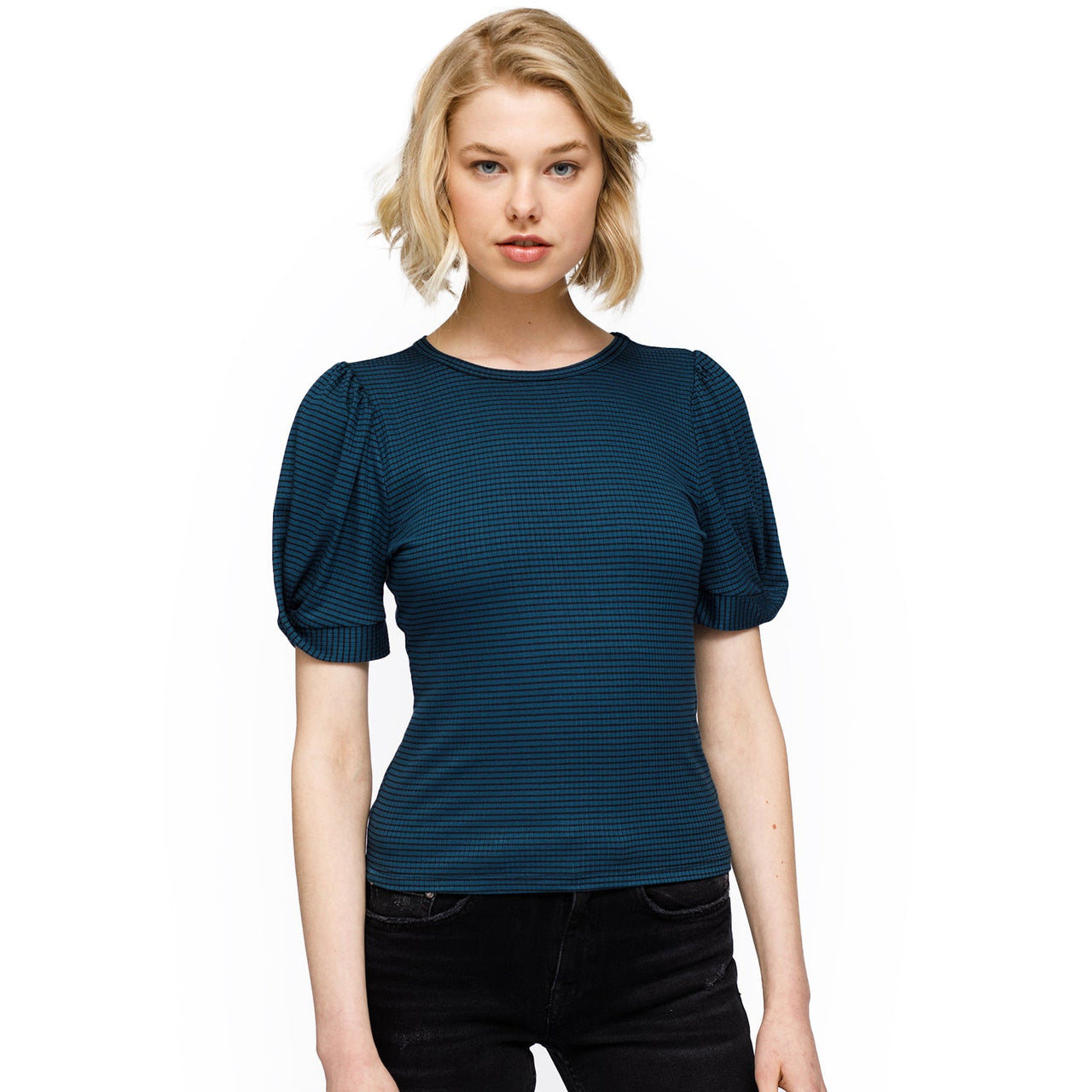 Women's Gathered Short Sleeve Stripe Knit Top