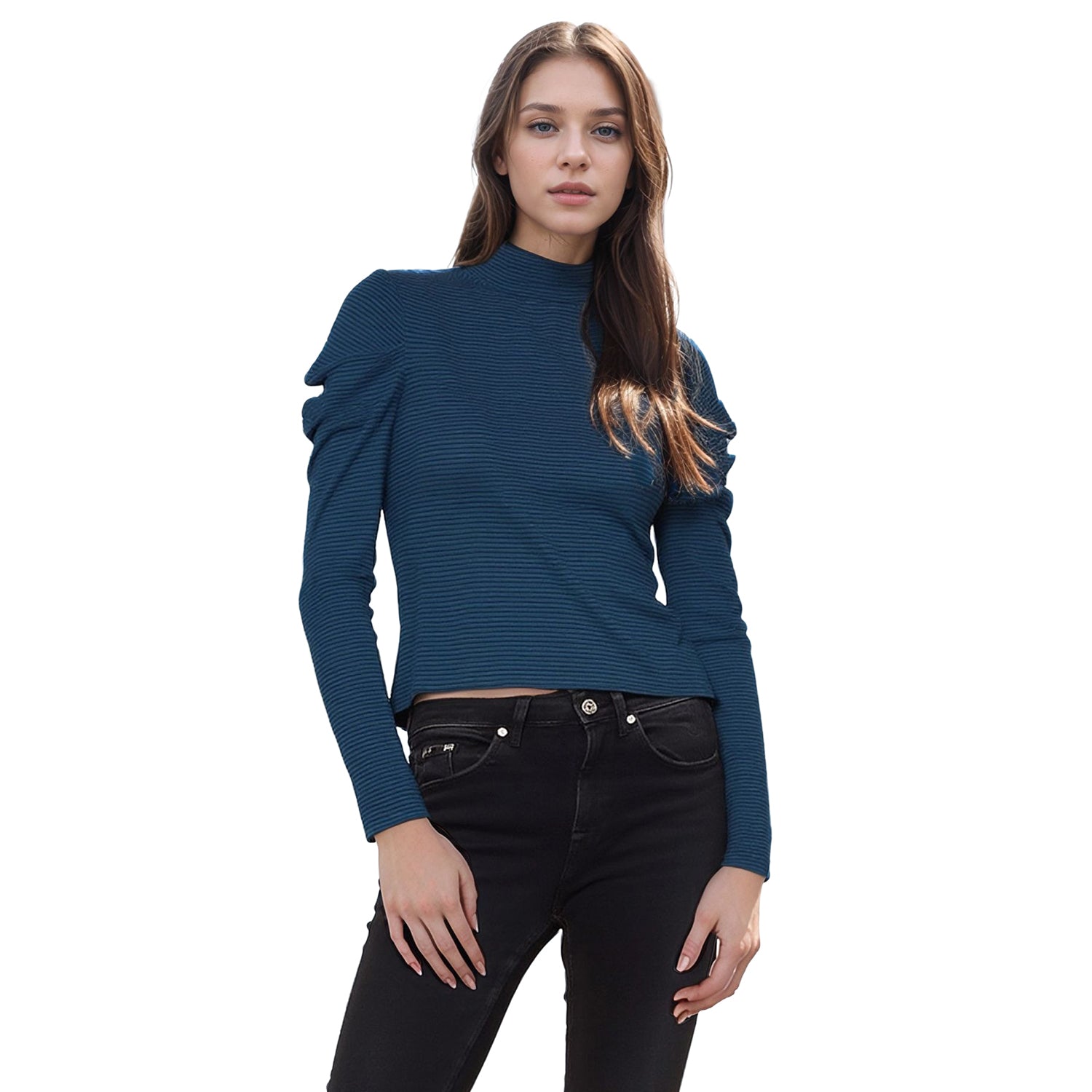 Women's Turtle Neck Puff Sleeve Stripe Knit Top In Teal