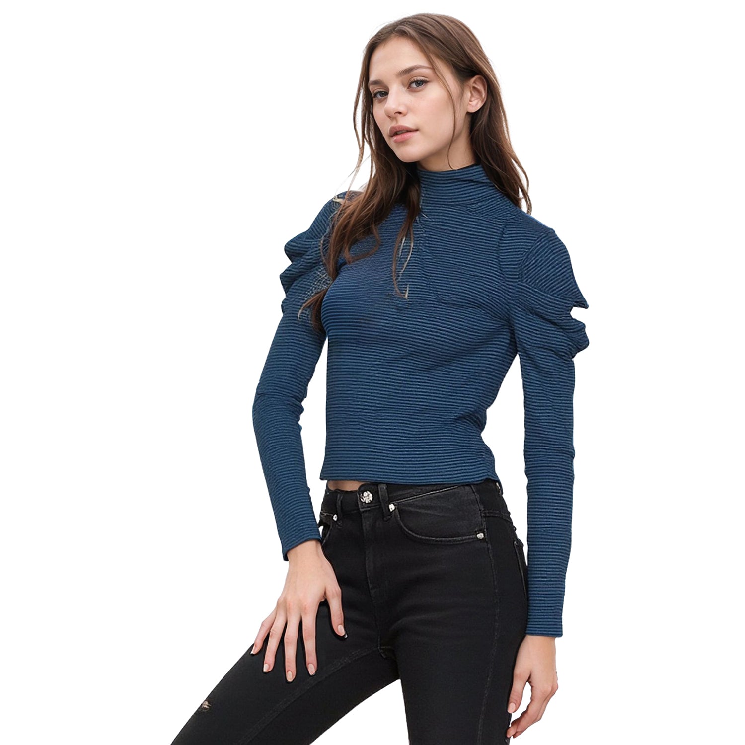 Women's Turtle Neck Puff Sleeve Stripe Knit Top In Teal
