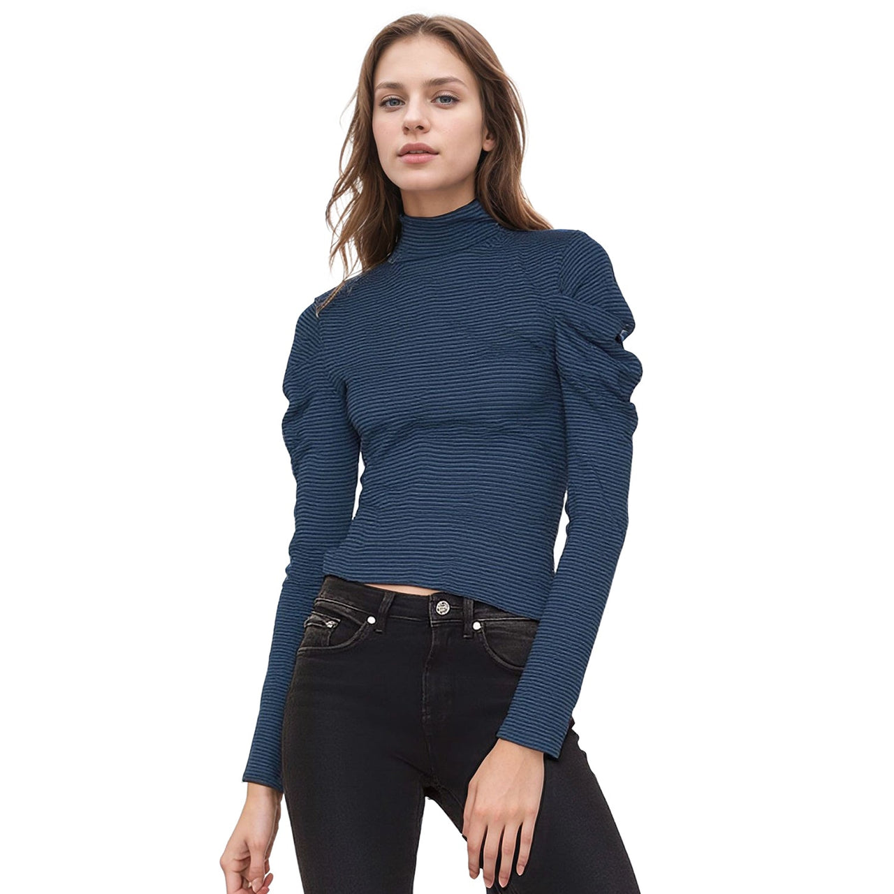 Women's Turtle Neck Puff Sleeve Stripe Knit Top In Teal