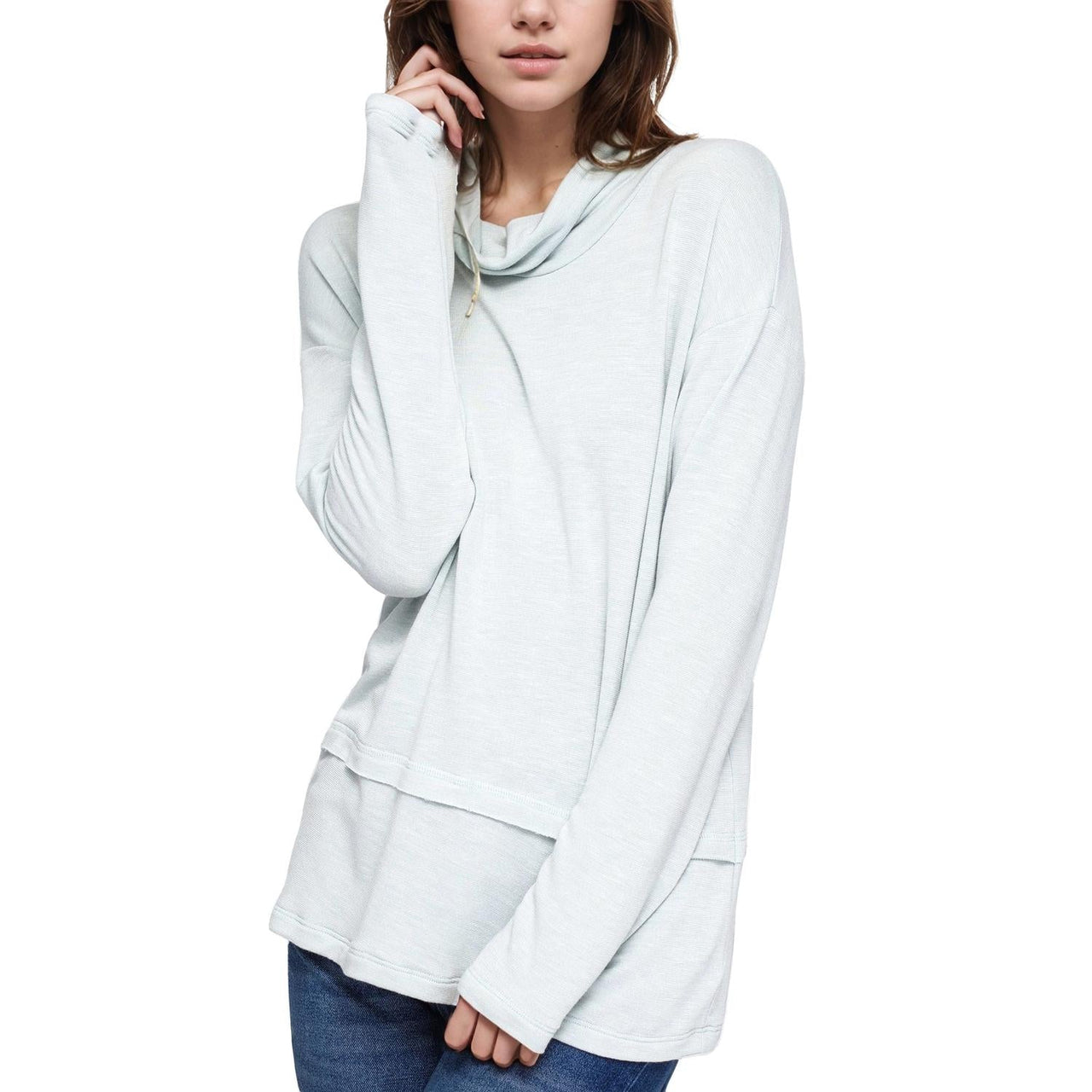 Pleione Women's Cowl Neck Drop Shoulder Layered Hem Top in Mint