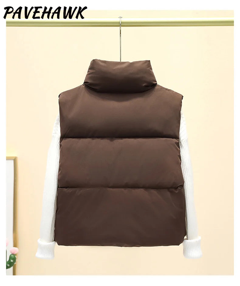 Women Short Cotton Down Vest Sleeveless Warm Stand Up Collar Outerwear Casual Winter Loose Basic Thick Jacket Female Clothes