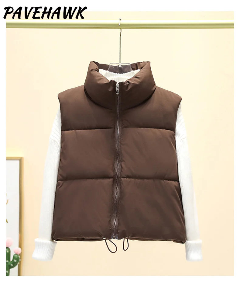 Women Short Cotton Down Vest Sleeveless Warm Stand Up Collar Outerwear Casual Winter Loose Basic Thick Jacket Female Clothes