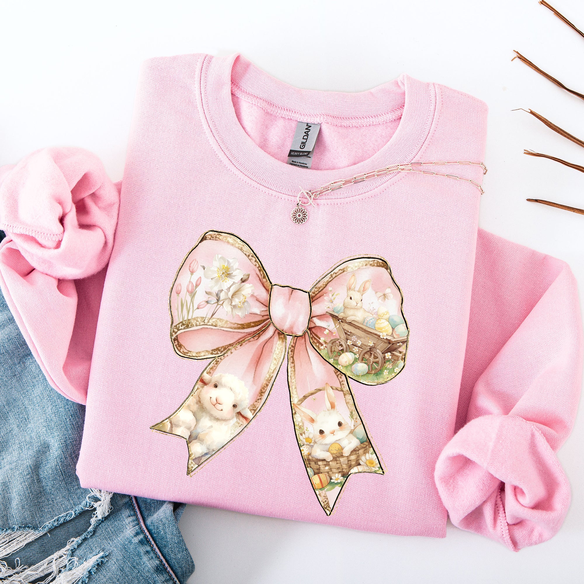 Adorable Bow Ribbon Easter Bunny Jesus Rabbit Holiday Celebration Ensemble Sweatshirt