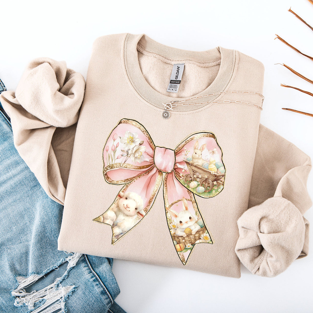 Adorable Bow Ribbon Easter Bunny Jesus Rabbit Holiday Celebration Ensemble Sweatshirt