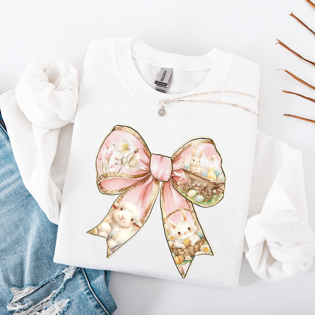 Adorable Bow Ribbon Easter Bunny Jesus Rabbit Holiday Celebration Ensemble Sweatshirt