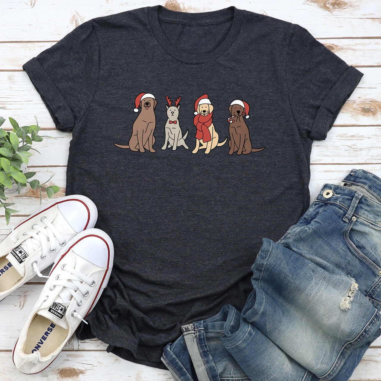 Adorable Christmas Dogs With Reindeer Santa And Retro Holiday Scene Classic Graphic Tee